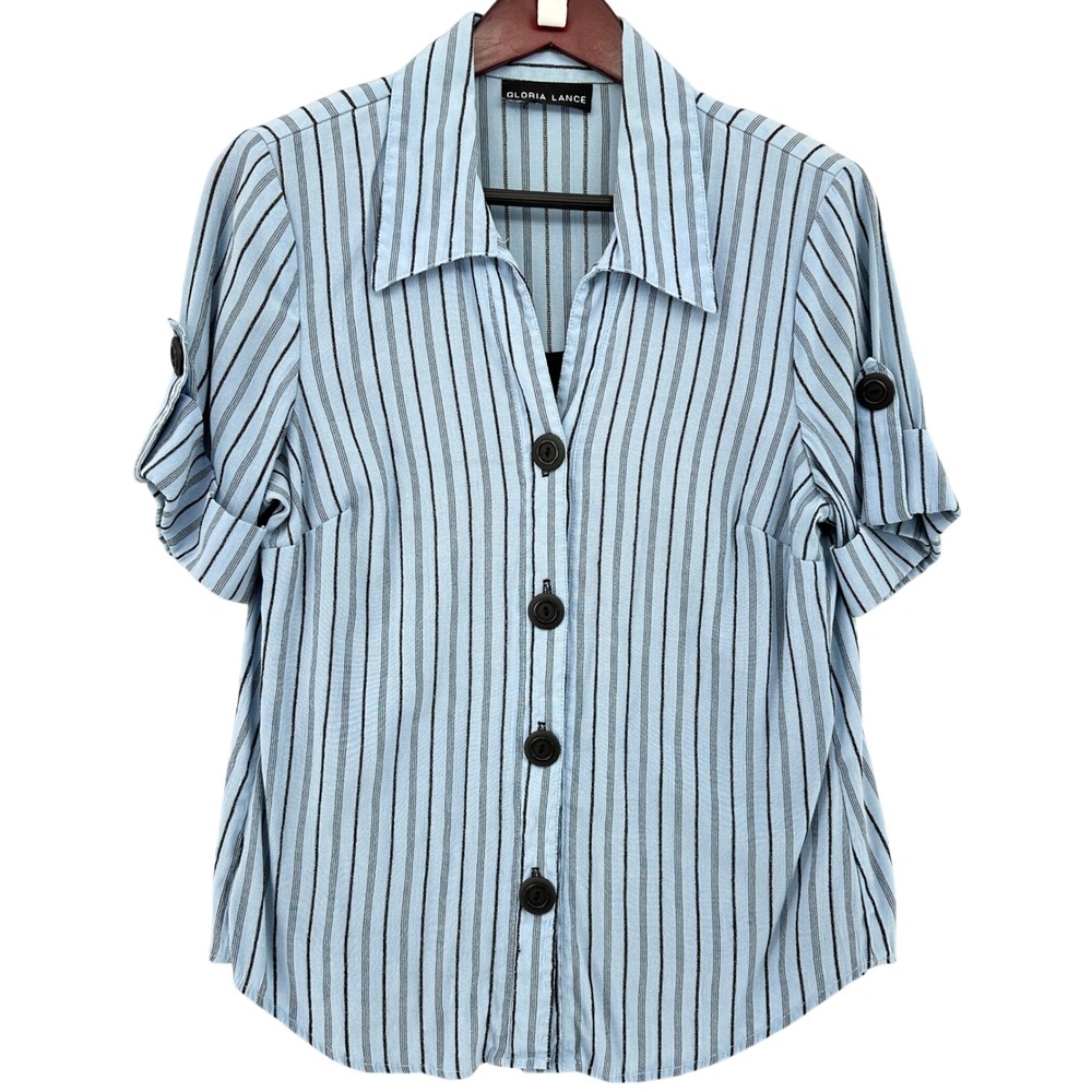 VTG Gloria Lance Blue Striped Button Front Blouse Short Sleeve Roll Tab Top 90s